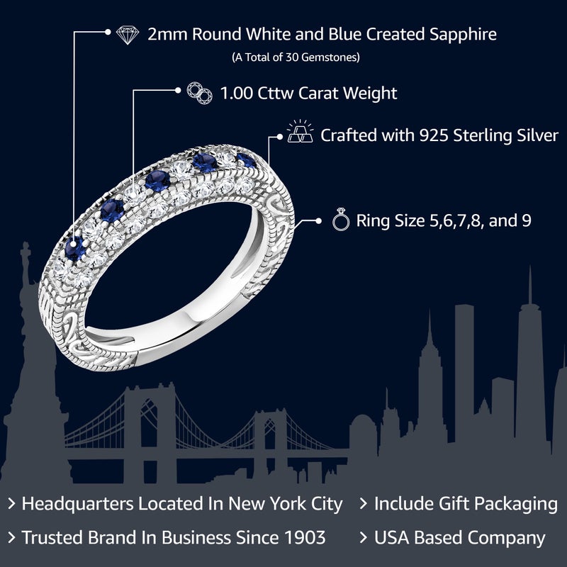 Gem Stone King Blue and White Created Sapphire Wedding Band Ring For Women | 925 Sterling Silver | 1.00 Cttw | Wedding Anniversary Promise Ring For Women | Size 7 - Image 2